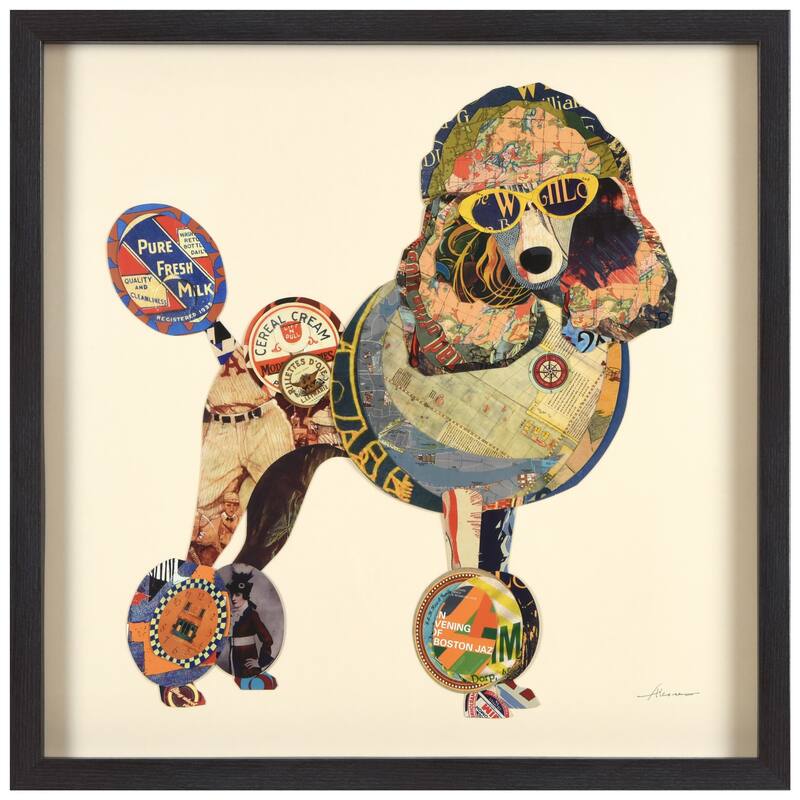 Empire Art "Poodle" Alex Zeng's dimensional collage, under glass & a black shadow box frame