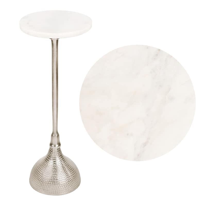 23.75″ Metal Pedestal Drink, End Table w/ White Marble Round Top & Hammered Base, By JONATHAN Y - Nickel
