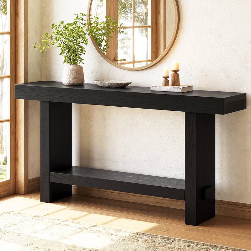 63'' Solid Wood Console Table with Shelf, 2-Tier Narrow Entryway Table