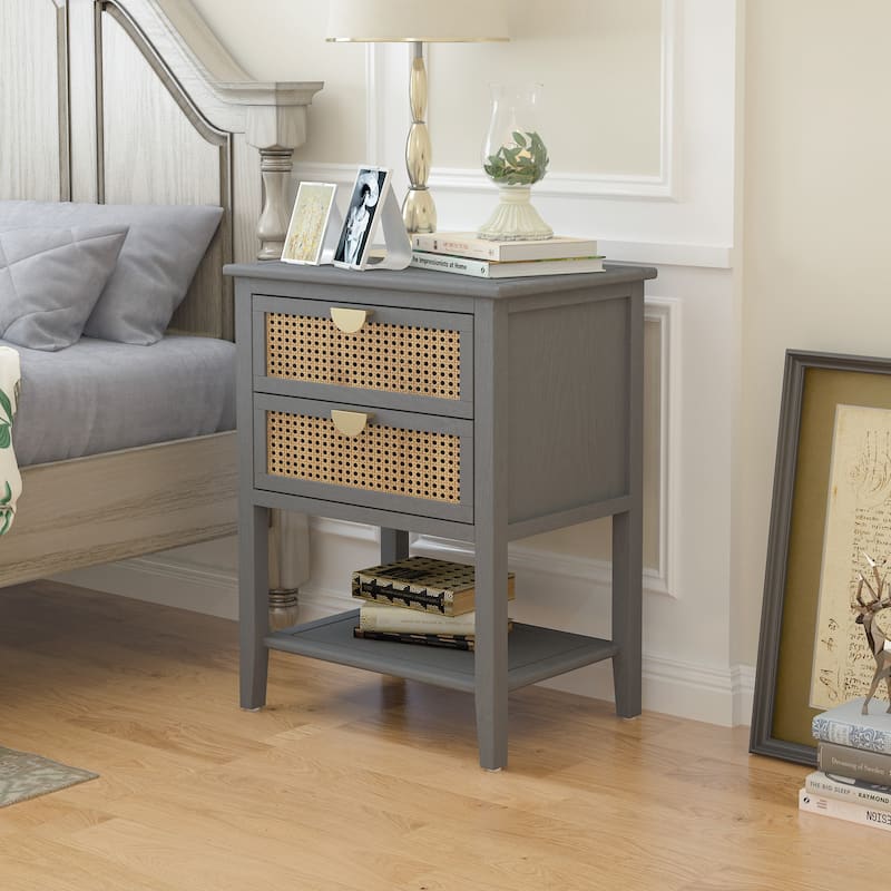 2 Drawer Side table,Naturel Rattan,End table,Suitable for bedroom, living room, study