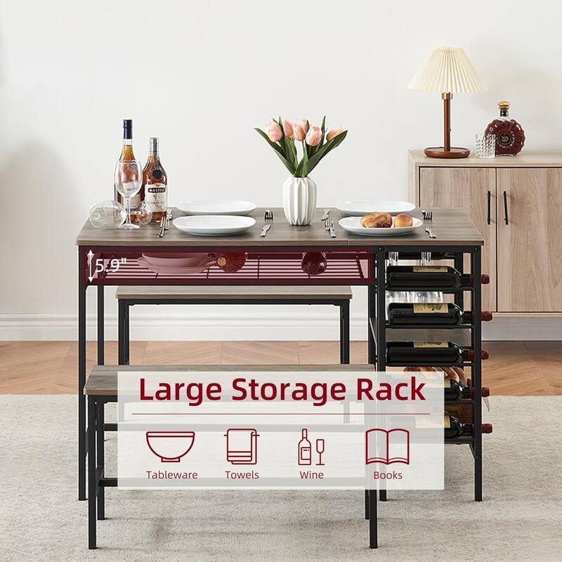 Dining Table Set with 2 Benches and Storage Shelf, Rectangular Table for Small Dining Area or Apartment