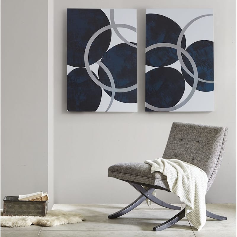 Roomfitters Silver Foil Abstract 2-Piece Canvas Wall Art Set, 24x36 Inch Large Navy and Metallic Vertical Decor for Living Room - Blue