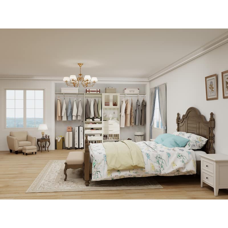 80"-120" Closet System With Door and Wooden Drawers, Closet Organizer System with 3 Haning Rods and Storage Shelves