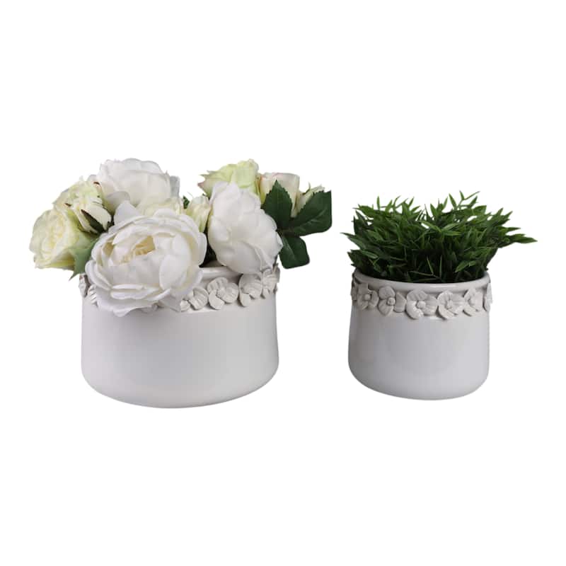 Ceramic Round Planter Sculpted Floral Rim Detail and Drainage Hole