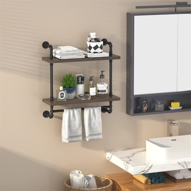 2 Tier Wood Floating Shelves Towel Rack - 7.87"D x 24"W x 25.6"H