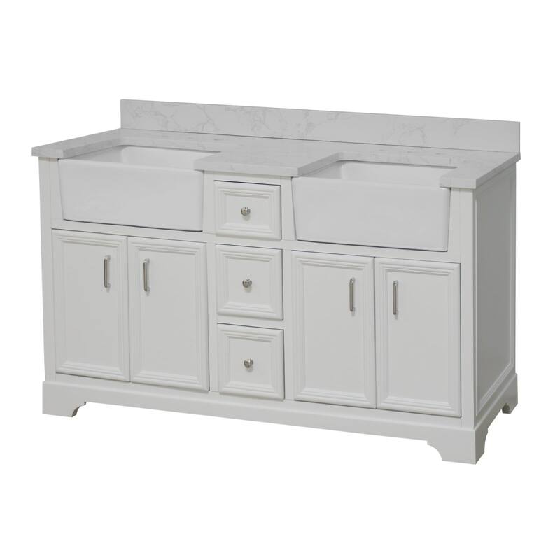 KitchenBathCollection Zelda 60" Double Farmhouse Bathroom Vanity with Engineered Carrara Top