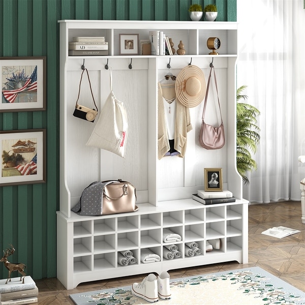 Shelf with sale hooks and cubbies