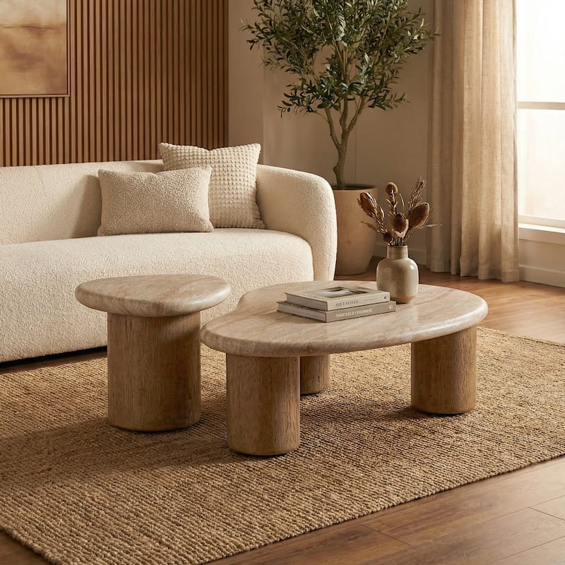 Studio London Nesting Table with Travertine Effect Concrete Top and Faux Wood