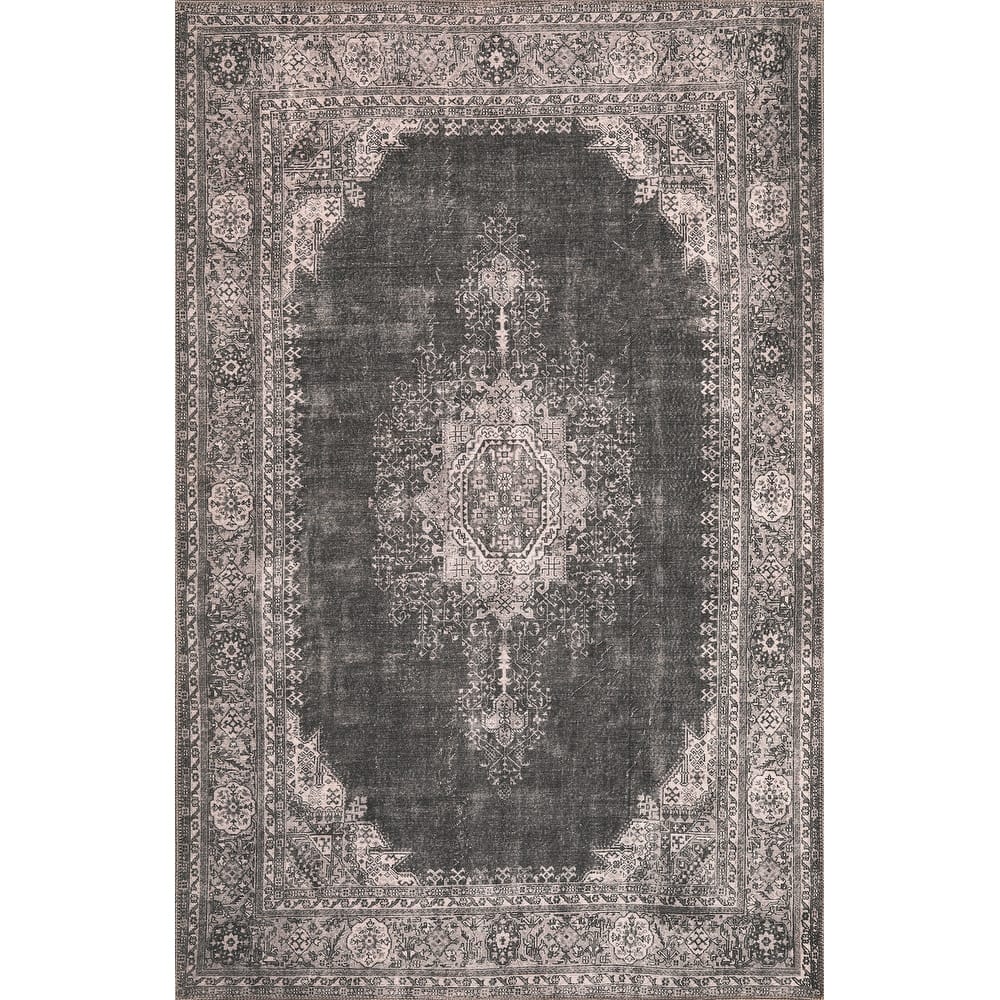 Domani Grove Machine Washable Distressed Grey Medallion Area Rug