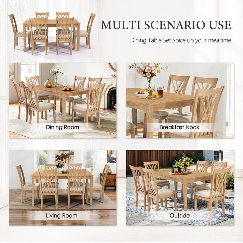 Modern 7-Piece Dining Table Set with 6 Wooden Chairs, 60" Rectangular Oak Table, Solid Wood Kitchen & Dining Room Furniture