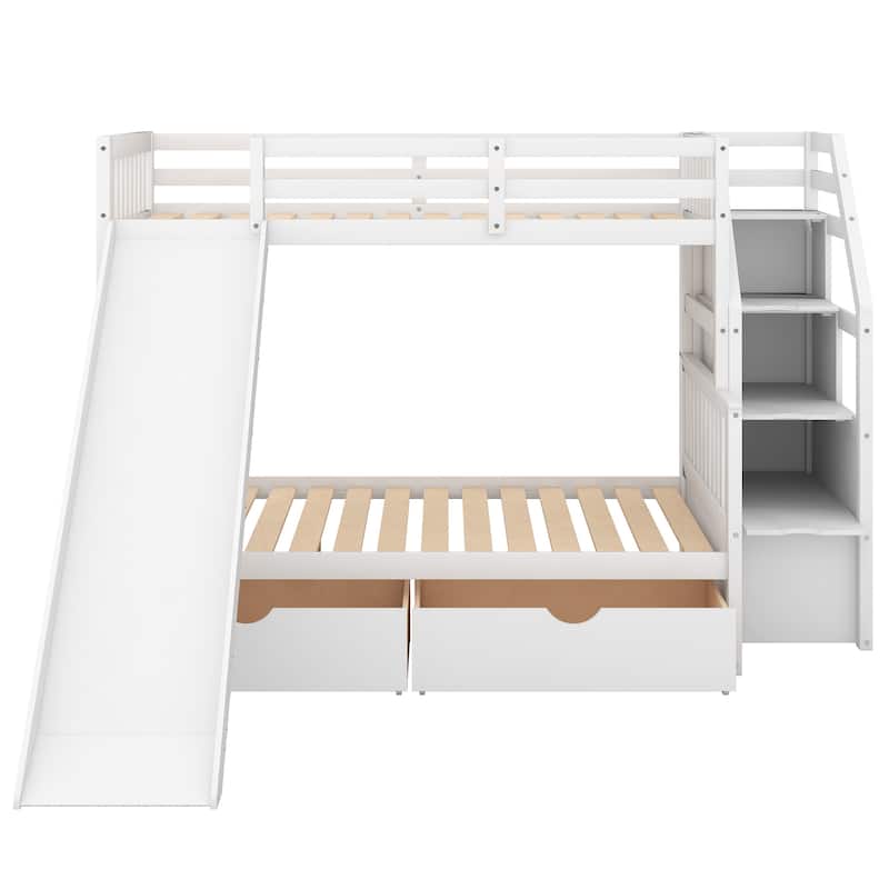 Twin over Full Bunk Bed with Drawers,Storage and Slide, Multifunction, Gray