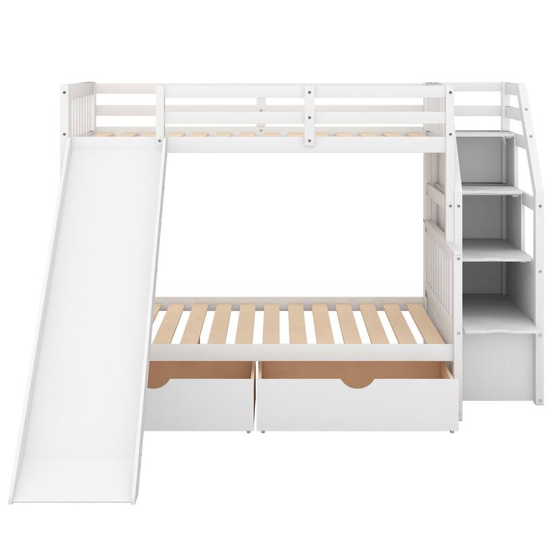 White Twin Over Full Bunk Bed with Two Drawers and Storage Staircase, Slide, High Guardrail, Ladder