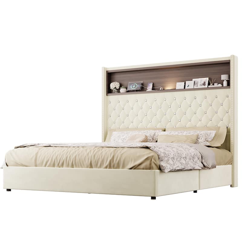 Velvet Tufted Wingback Bed Frame with Rivet Decoration Headboard Built-in Shelf USB Port and Night Light, Soft Platform Bed