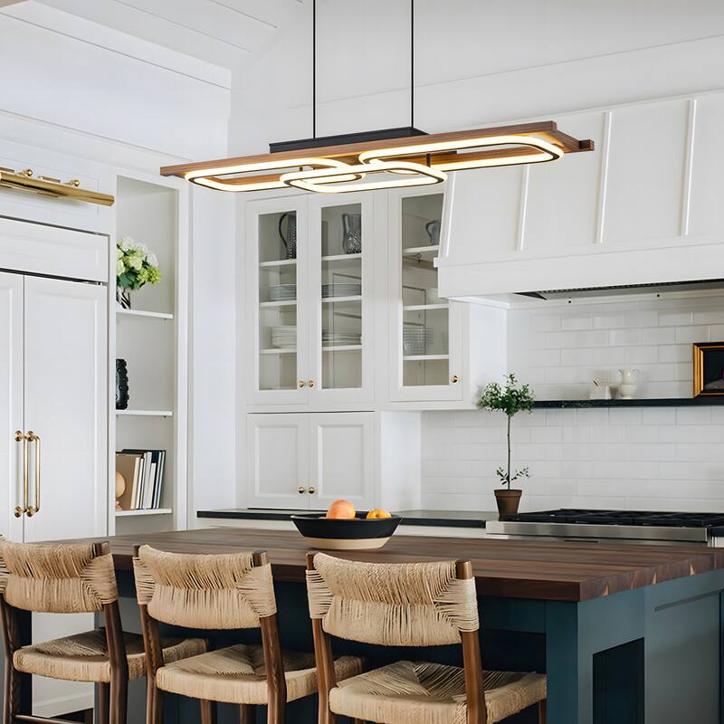 3-Light 43 in. Integrated LED Linear Chandelier Wood Kitchen Island Pendant - 43.3''W