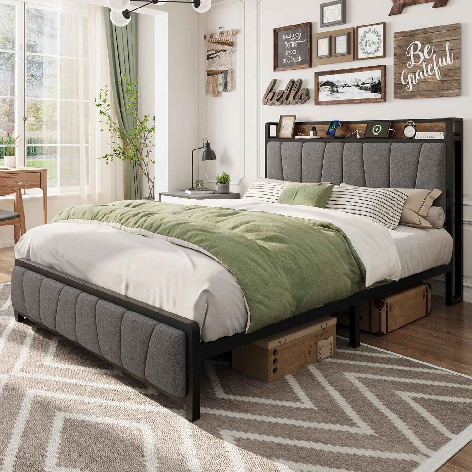 Linen Upholstered Platform Bed with Storage Headboard, 2 Drawers & Charging Station, No Box Spring Needed