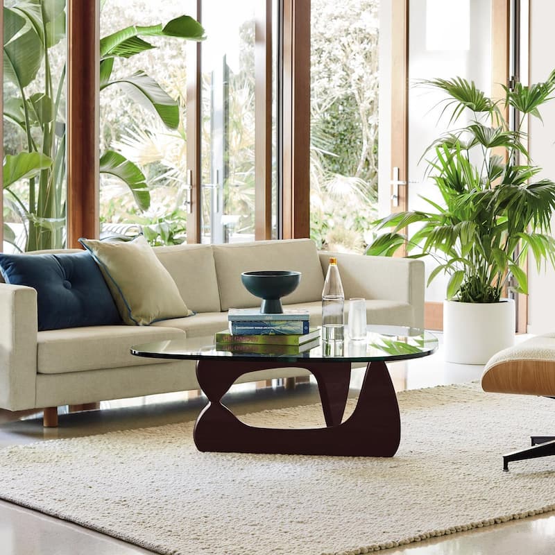 0.78 " Modern Triangle Glass Noguchi Coffee Table Cherry Wood Base - Dark Walnut