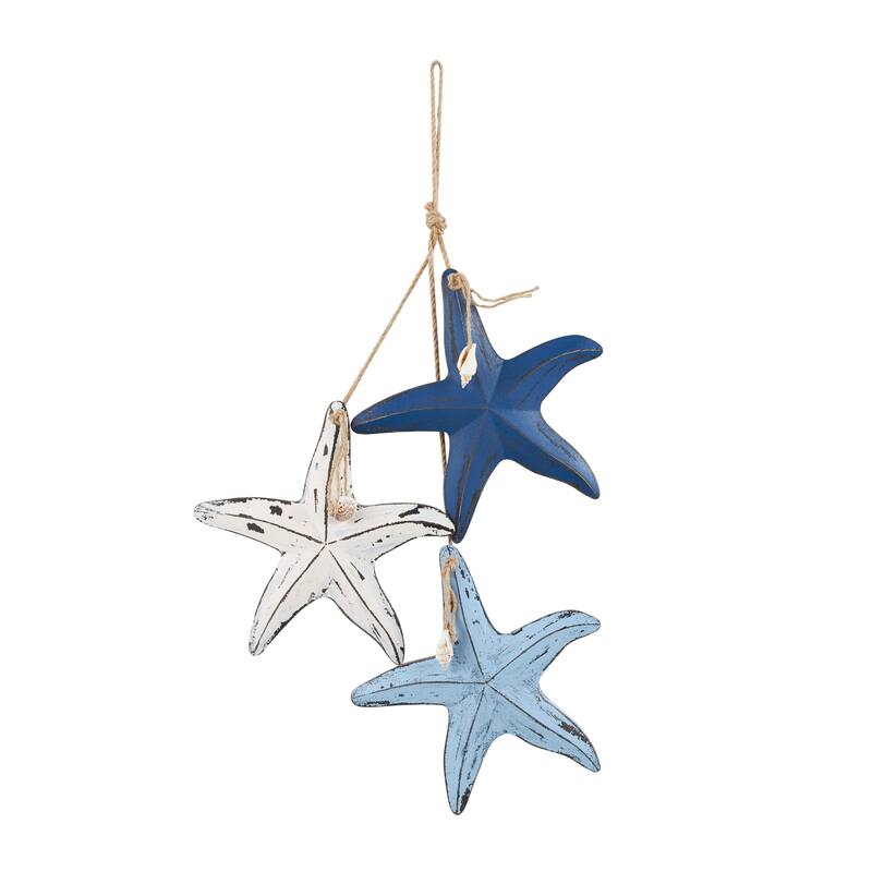 Blue Wooden Distressed Layered Starfish Home Wall Decor with Hanging Rope and Decorative Shell Accents