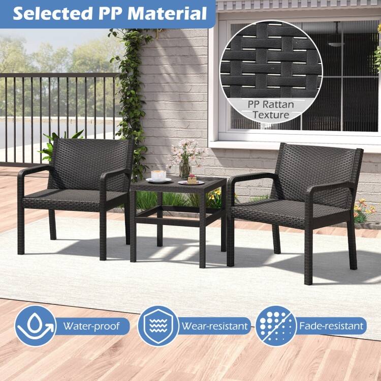 3 Piece Black PP Rattan Patio Chairs with Side Table for Outdoor Seating - Chair: 25" x 23" x 30.5"
