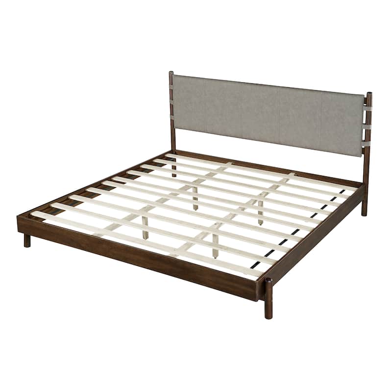 Low-Profile Platform Bed Frame with Upholstered Panel Headboard Wood Slat Supports and Center Support Legs for Bedroom Apartment