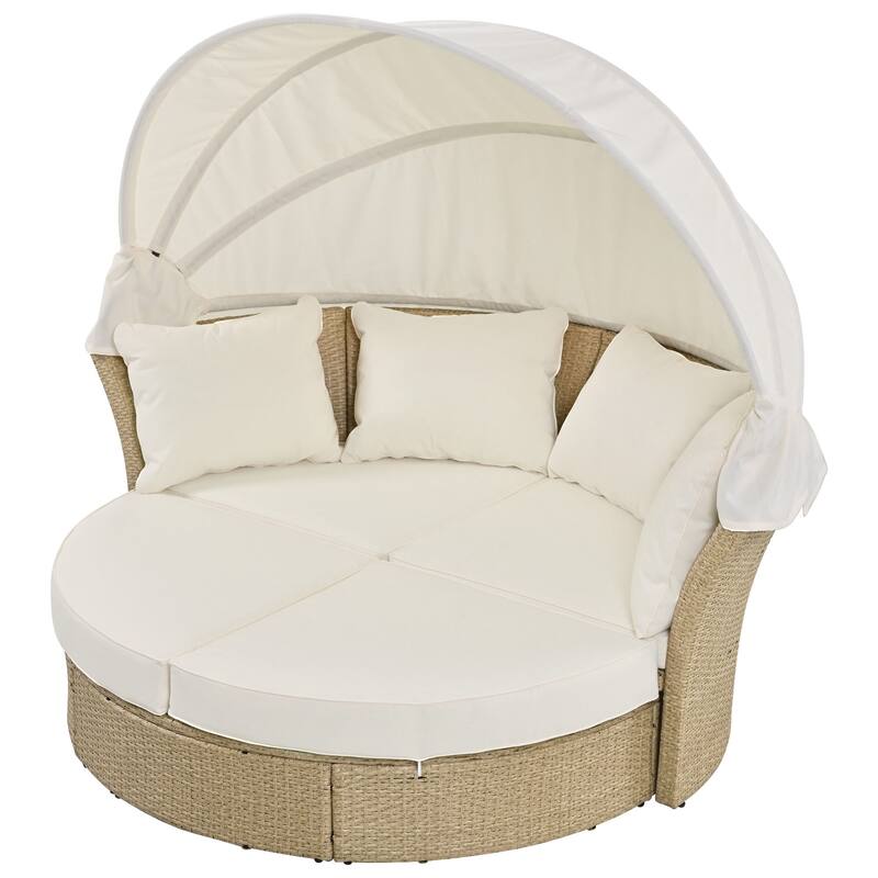 Wicker Rattan Daybed Round Sofa Set with Retractable Canopy and 4 Pillows, Convertible Sofa Bed with 2 Ottoman Chaise Lounge