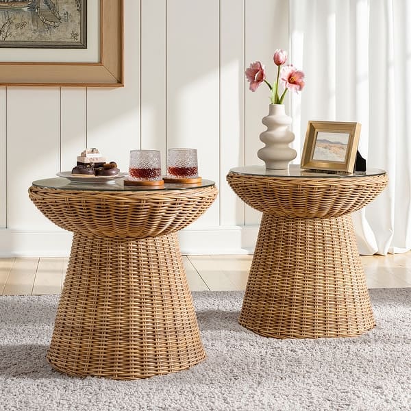 slide 2 of 5, HULALA HOME Coastal Faux Rattan End Table Set of 2 Natural