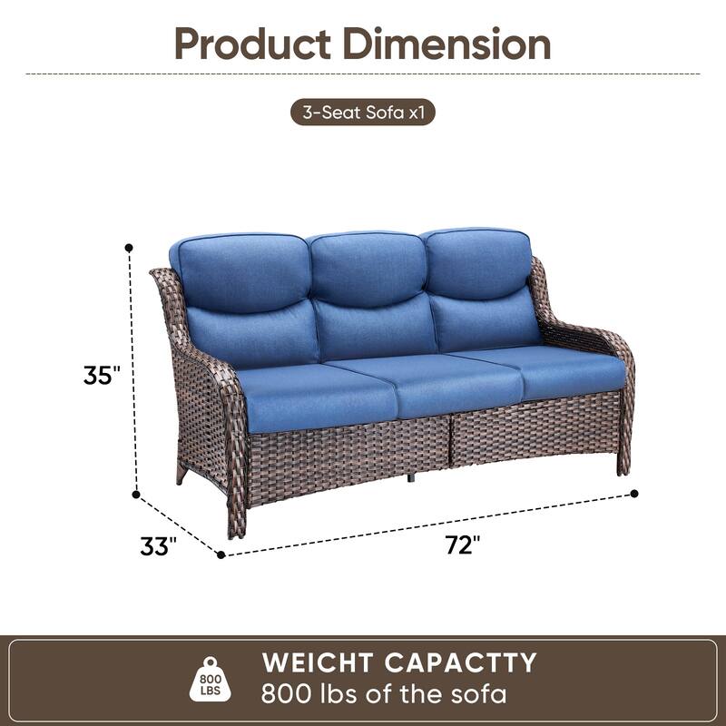 Pocassy Outdoor 3 Seat Sofa with 5 In Thick Cushion Patio Wicker Sofa
