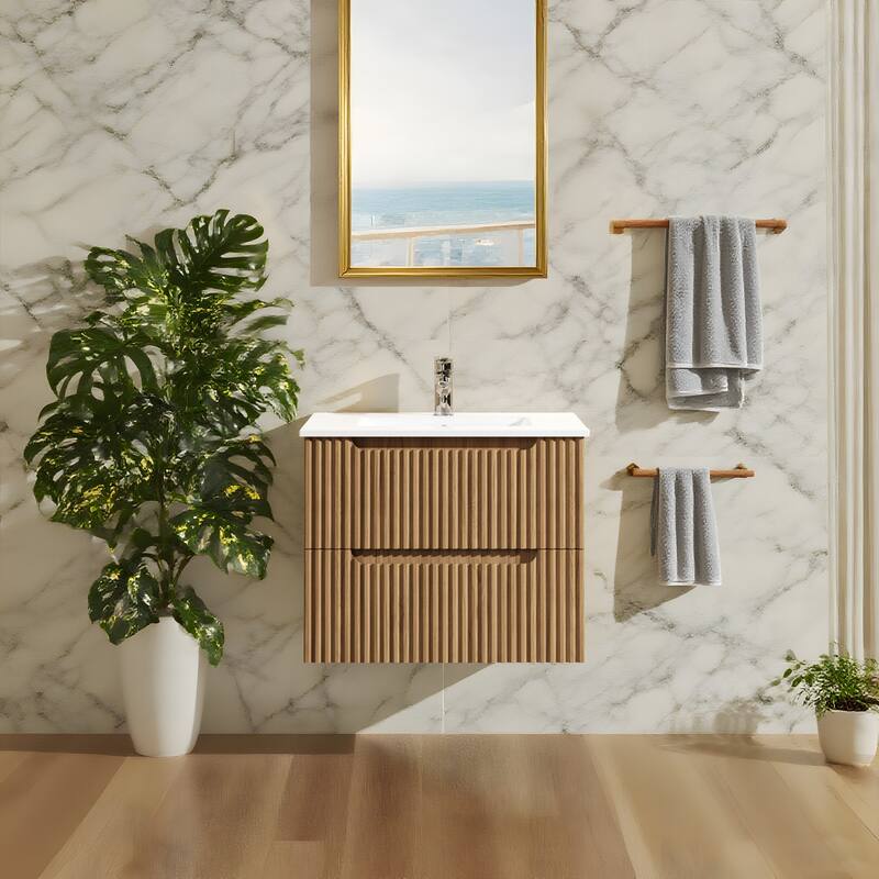 Modland 24" Wall-Mount Bathroom Vanity with Soft-Close Drawers & U-Shape Design - With/Without Sink, Walnut - 24"with Sink