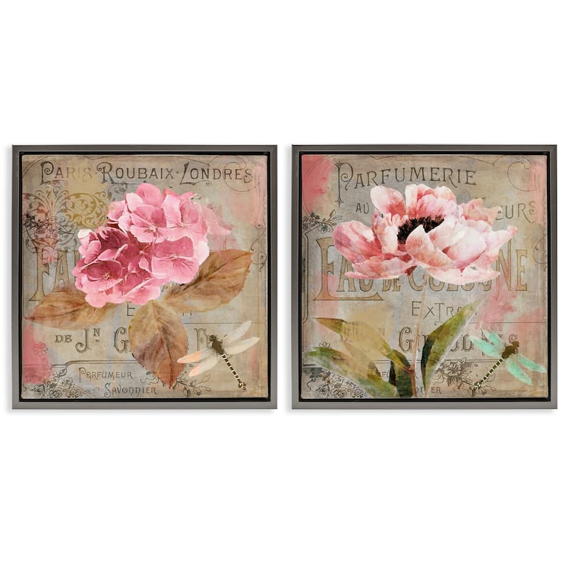 Stupell Vintage Collage French Florals Framed Floater Canvas Wall Art Design By Sasha (Set of 2) - 25 x 25 - Grey