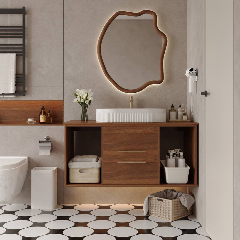 39.4 Floating Bathroom Vanity with Oval Ceramic Sink, Solid Wood Wall-Mounted Bathroom Cabinet, White+Walnut - 39 Inch