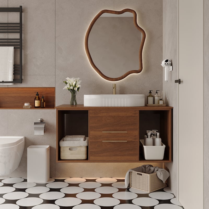 GDFStudio - Modern Wall-Mounted Multi-Layer Solid Wood Bathroom Vanity with Ceramic Vessel Sink & Open Shelf Storage - 40"