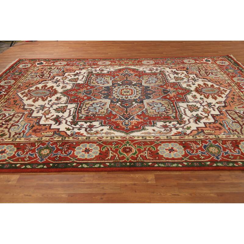 Hand Knotted Oriental 100% Wool Carpet Traditional Medallion Beige & Ivories Heriz (serapi) Area Rug - 11' 9'' X 8' 6''
