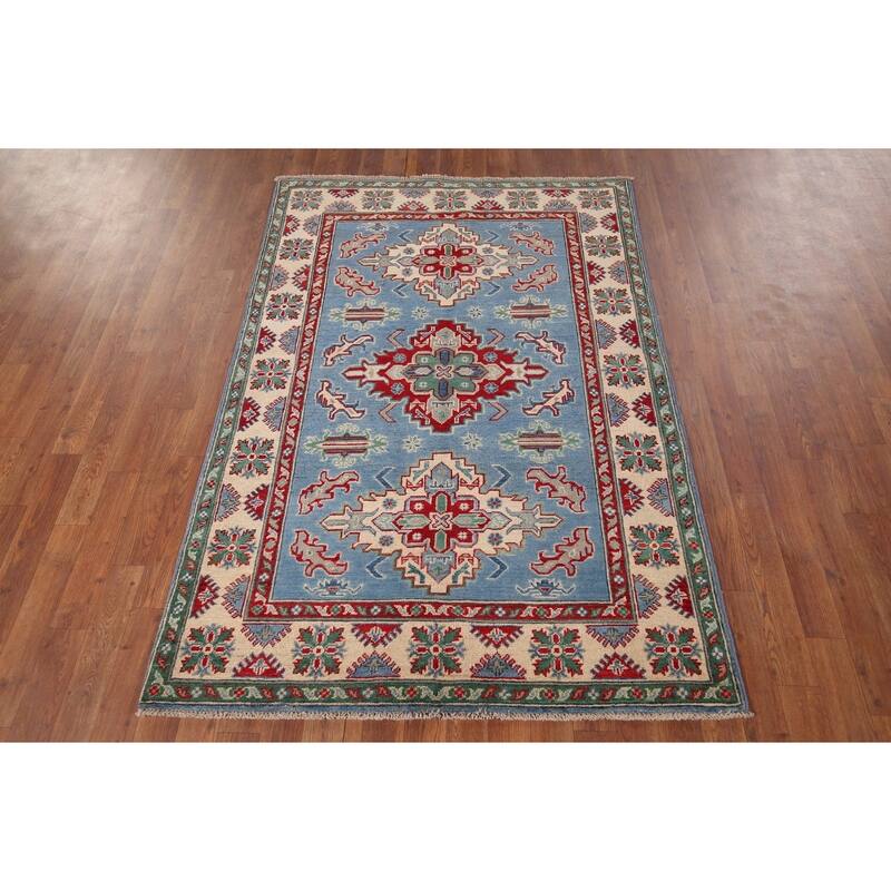Blue Geometric Kazak Oriental Accent Rug Handmade Wool Carpet - 4'0" x 5'10"