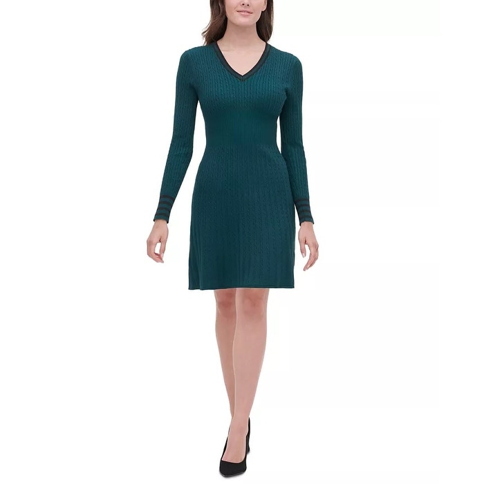 Tommy Hilfiger Women's V-Neck Cable-Knit Sweater Dress Green Medium - Overstock - 35255453