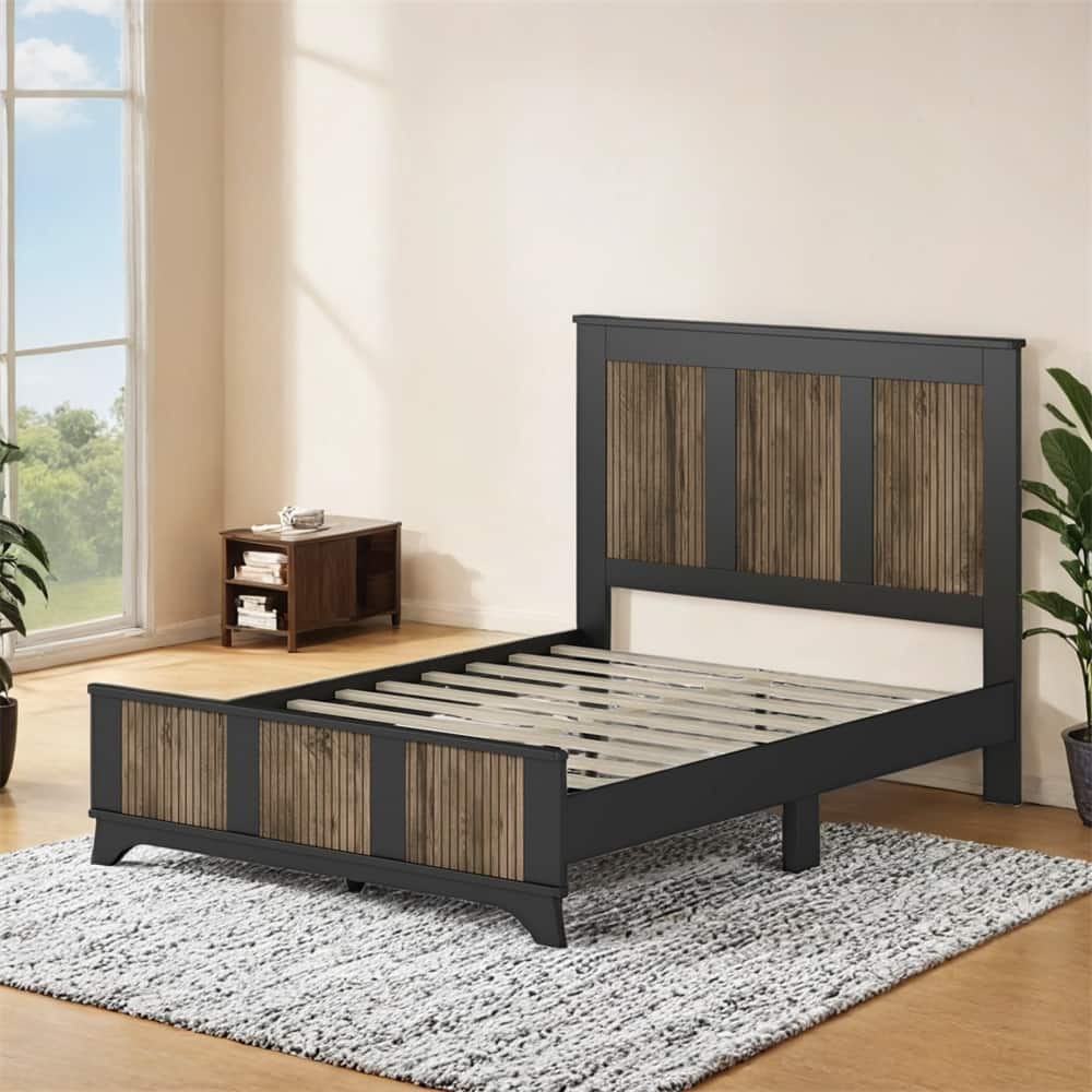Farmhouse Wooden Platform Queen Size Bed,with Wooden Strip Stickers