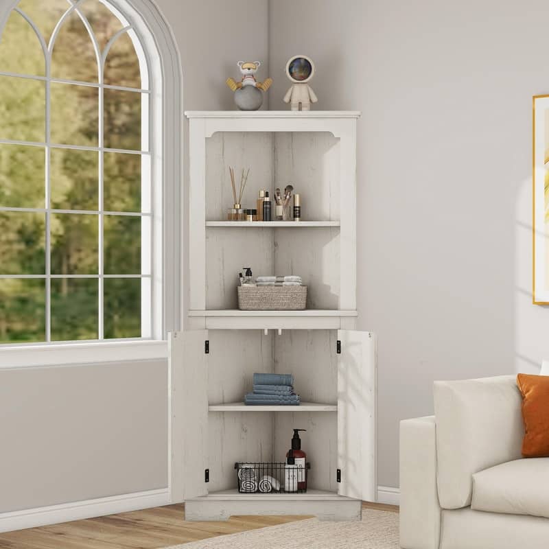 Corner Accent Cabinet with Barn Door & Open Shelves, Freestanding Corner Storage Cabinet - Beige