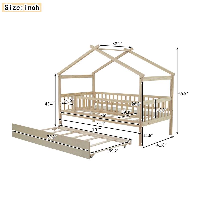 Twin Size Wooden House Bed with Trundle, Creative Kids Bed with Whimsical Design for Imagination