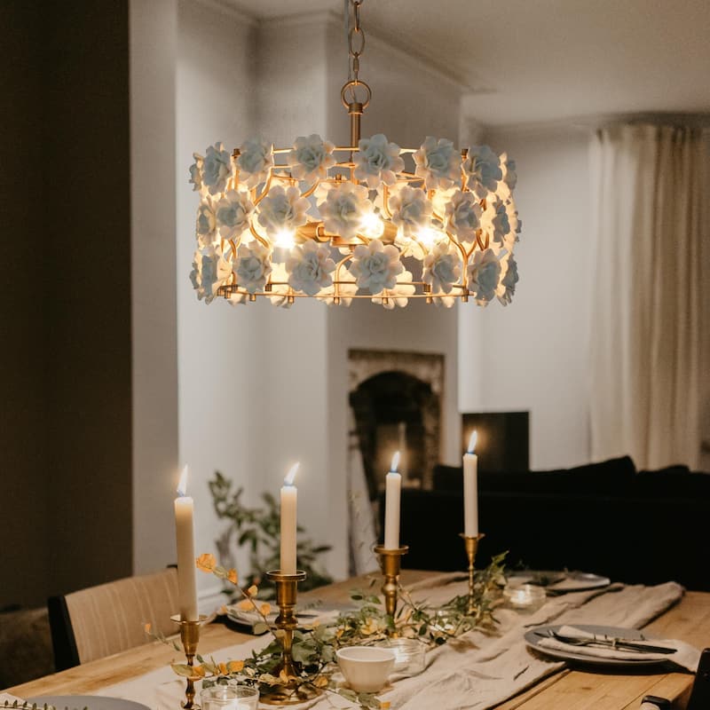 Nesia Mid-century Modern Drum Chandelier 3-light with Handmade Ceramic Flower for Dining Room - Matte Rose Gold - D 16" X H 73"