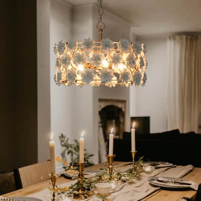 Nesia Mid-century Modern Drum Chandelier 3-light with Handmade Ceramic Flower for Dining Room - Matte Rose Gold - D 16" X H 73"