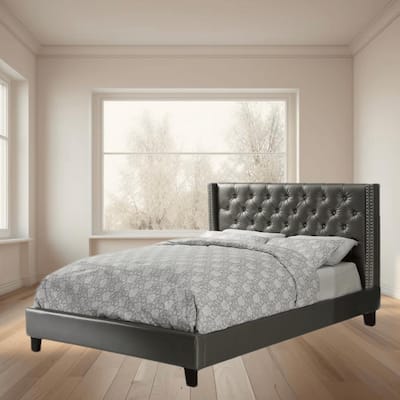 Full Size Faux Leather Upholstered Platform Bed Frame with Tufted Wingback Headboard, Modern and Elegant Design for Bedroom