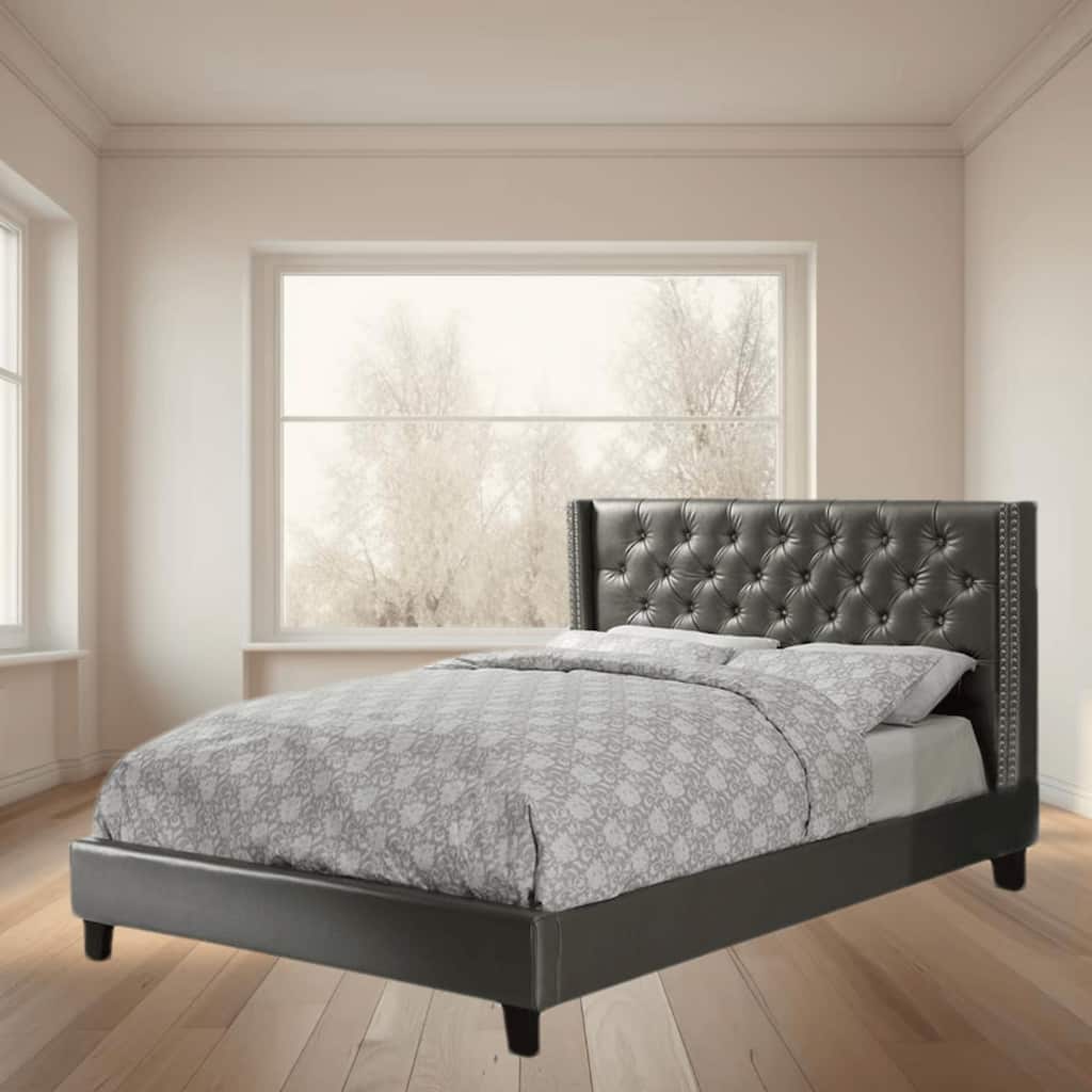 Full Size Faux Leather Upholstered Platform Bed Frame with Tufted Wingback Headboard, Modern and Elegant Design for Bedroom