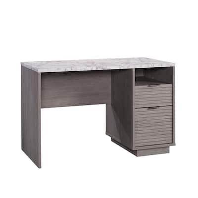 Gray 2-Drawer Compact Desk with Open Shelf and Cord Management for Small Spaces
