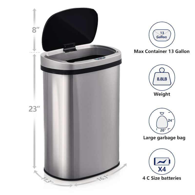 Innovaze 13 Gal./50 Liter Stainless Steel Oval Motion Sensor Trash Can for Kitchen