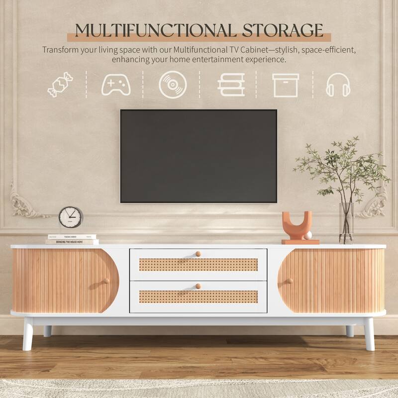 Rattan TV Stand Console Table with Storage Cabinets for TVs up to 75'' - 66.93" x 15.55" x 18.11"