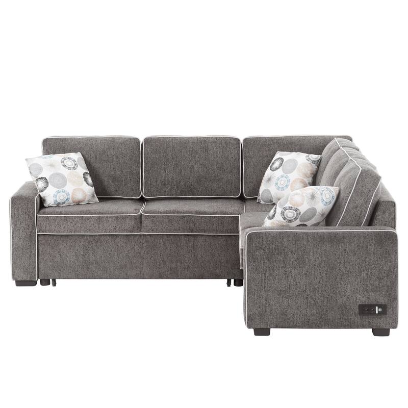 L-Shaped Pull Out Sofa Bed Modern Convertible Sleeper Sofa with 2 USB ports, 2 Power Sockets and 3 Pillows