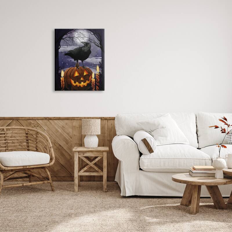 Stupell Spooky Halloween Night Sky Crow Jack-o'-lantern Full Moon Canvas Wall Art - Orange
