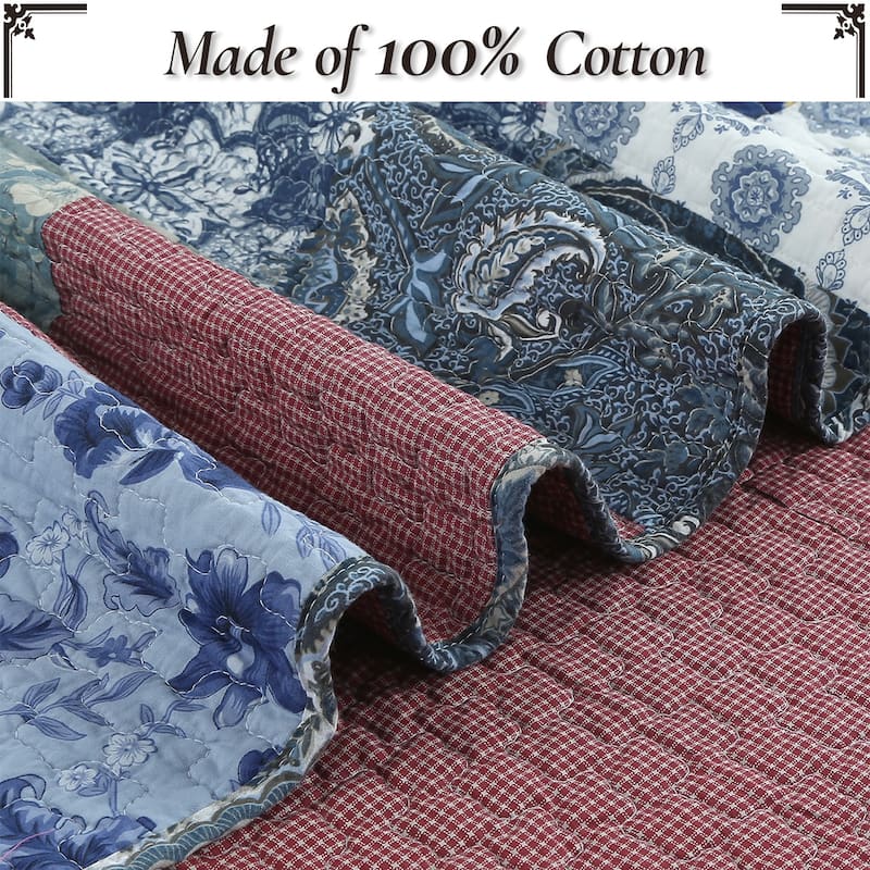 Cozy Line Country Blue Rose Floral Paisley Garden Cotton 3 Piece Patchwork Quilt Bedding Set