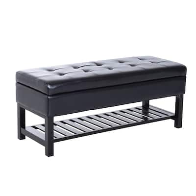 44" Tufted Faux Leather Ottoman Storage Bench With Shoe Rack