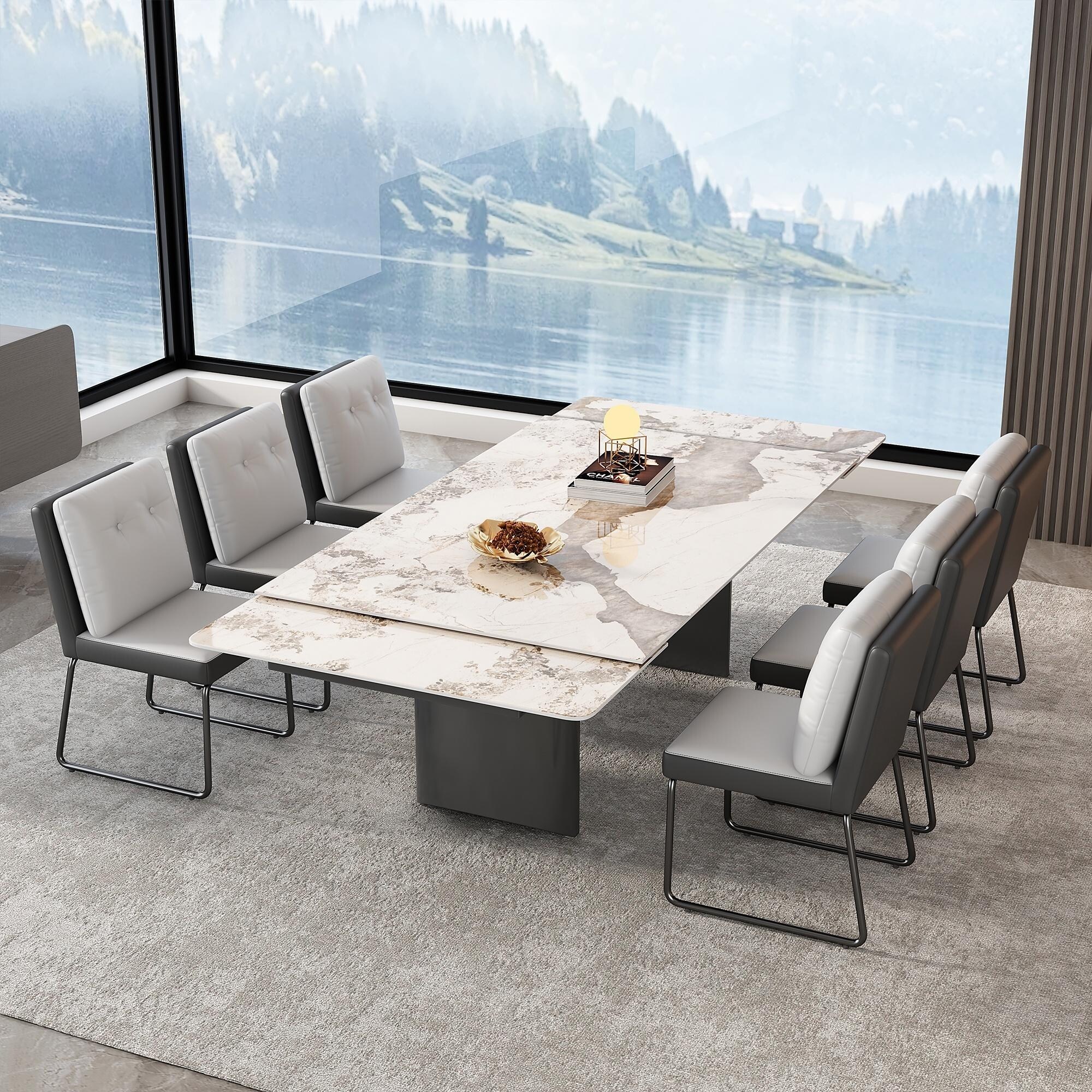 6 Person Extendable 63 to 94.5 Dining Set Rectangular Sintered Stone Stainless Steel Legs 1 Table 6 Gray Chairs Bed Bath Beyond 39100063