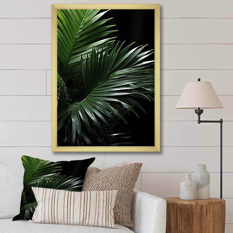 Designart "Palm Leaves Serenity II" Palms & Palm Trees Framed Wall Decor - 12 in. wide x 20 in. high - Gold