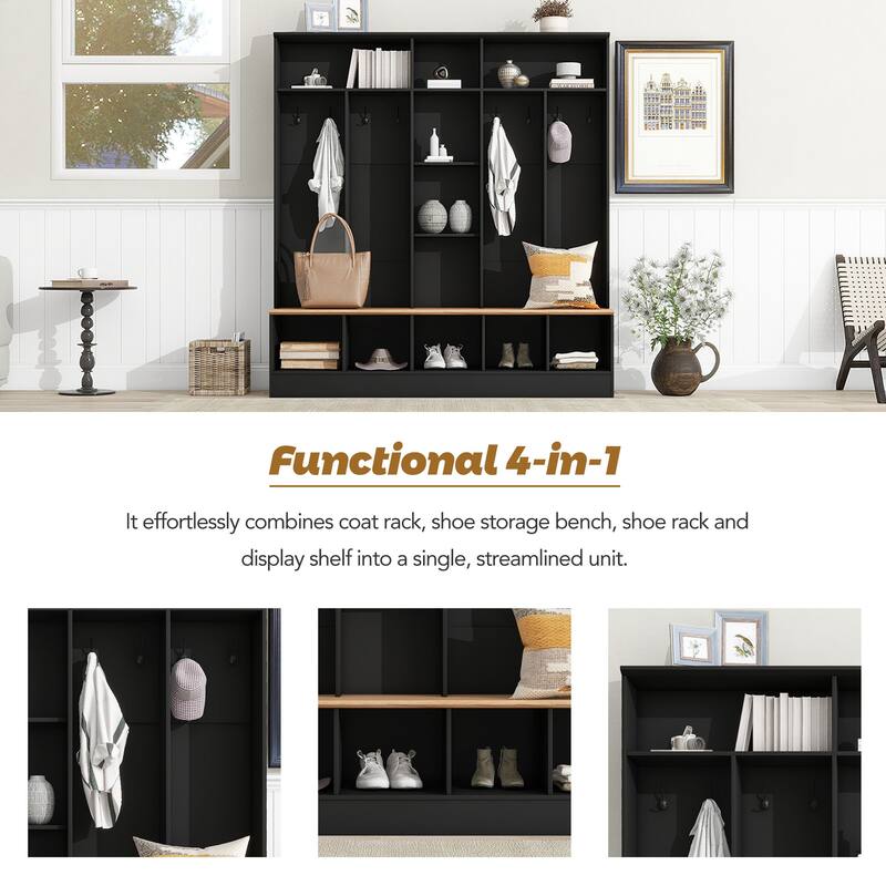 4-in-1 Entryway Hall Tree with Storage Bench, Coat Rack & Open Shelves for Organized Space